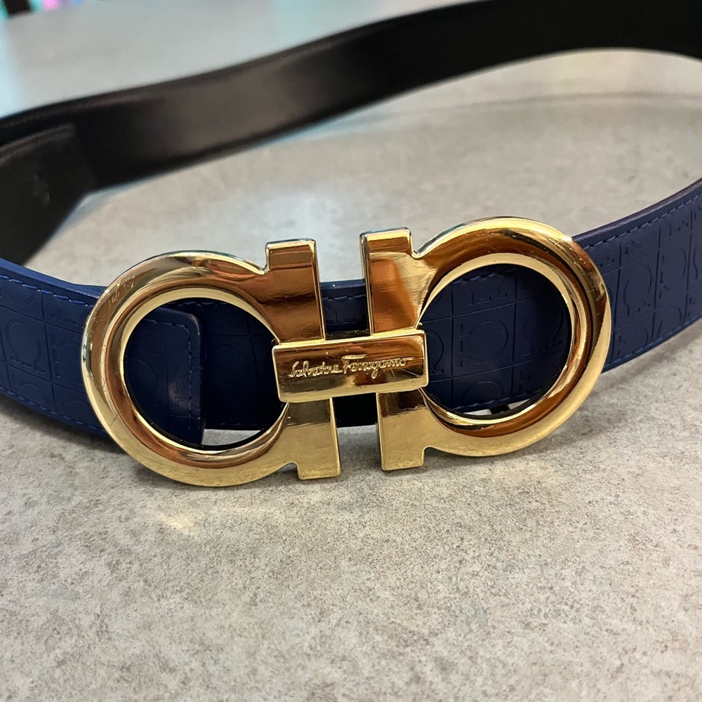 Salvatore Ferragamo Navy Leather Belt with Gold Double Gancini Buckle